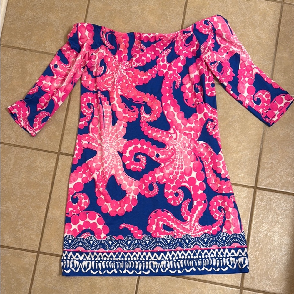 Lilly Pulitzer Vibrant Pink and Blue Off-Shoulder Dress